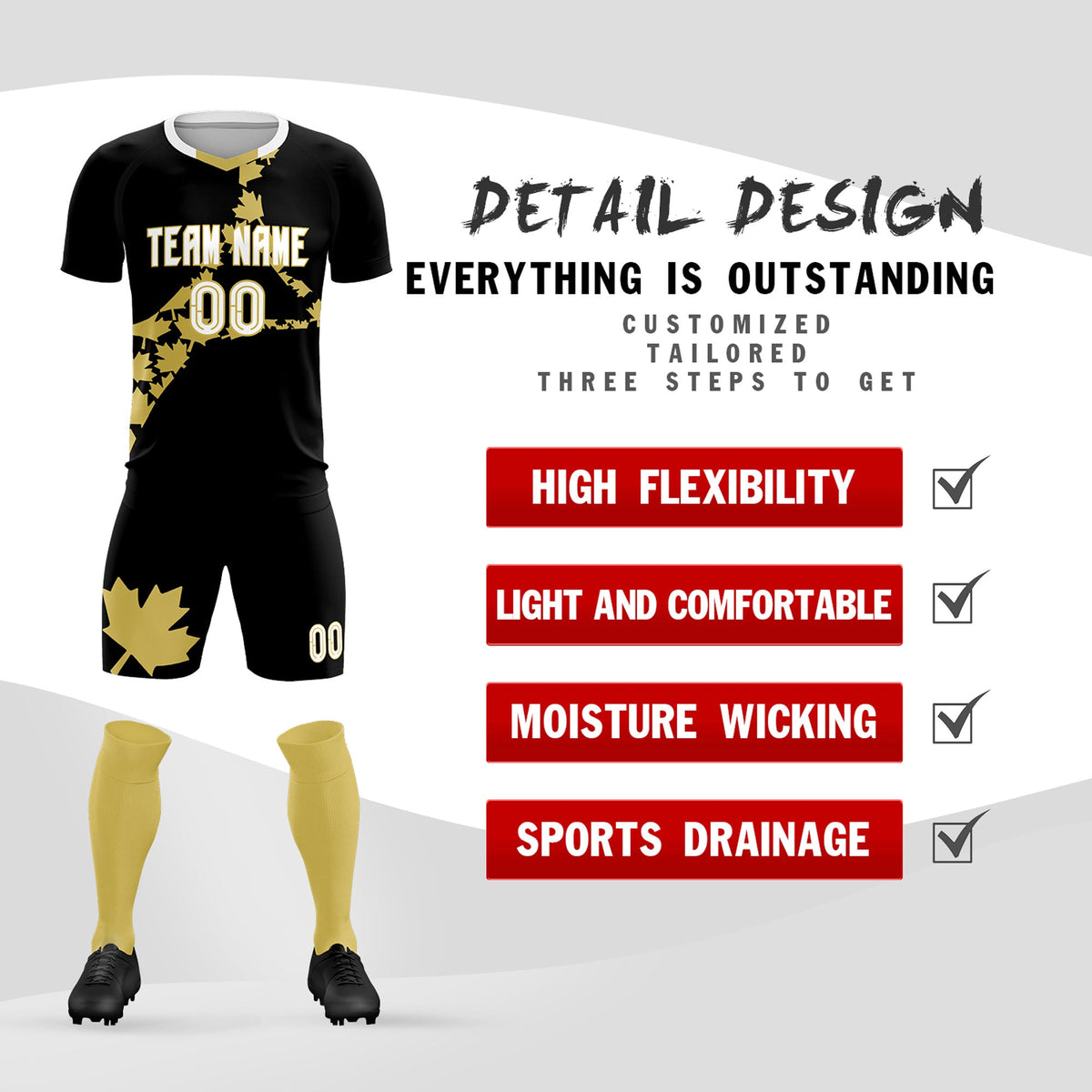 Custom Black Old Gold Canada Maple Leaves World Cup Inspired Breathable Graffiti Pattern Soccer Sets Jersey