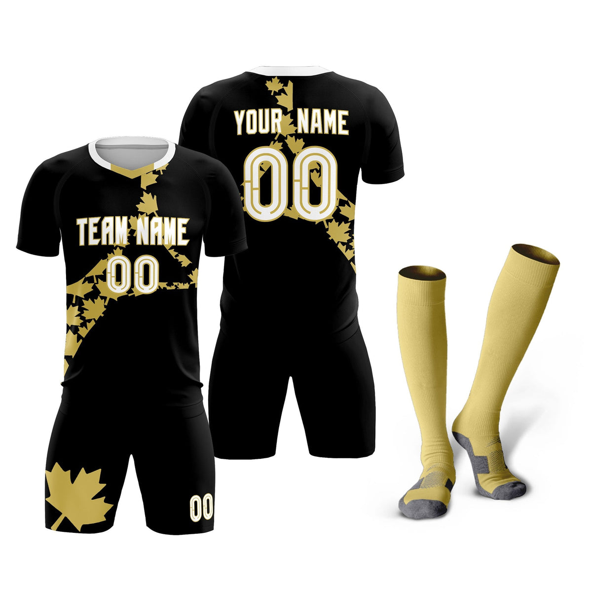 Custom Black Old Gold Canada Maple Leaves World Cup Inspired Breathable Graffiti Pattern Soccer Sets Jersey