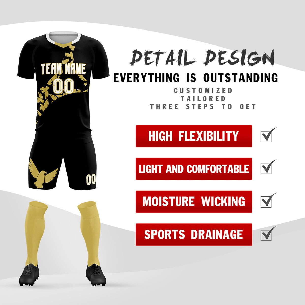 Custom Black Old Gold Mexico Eagle World Cup Inspired Quick-Drying Graffiti Pattern Soccer Sets Jersey