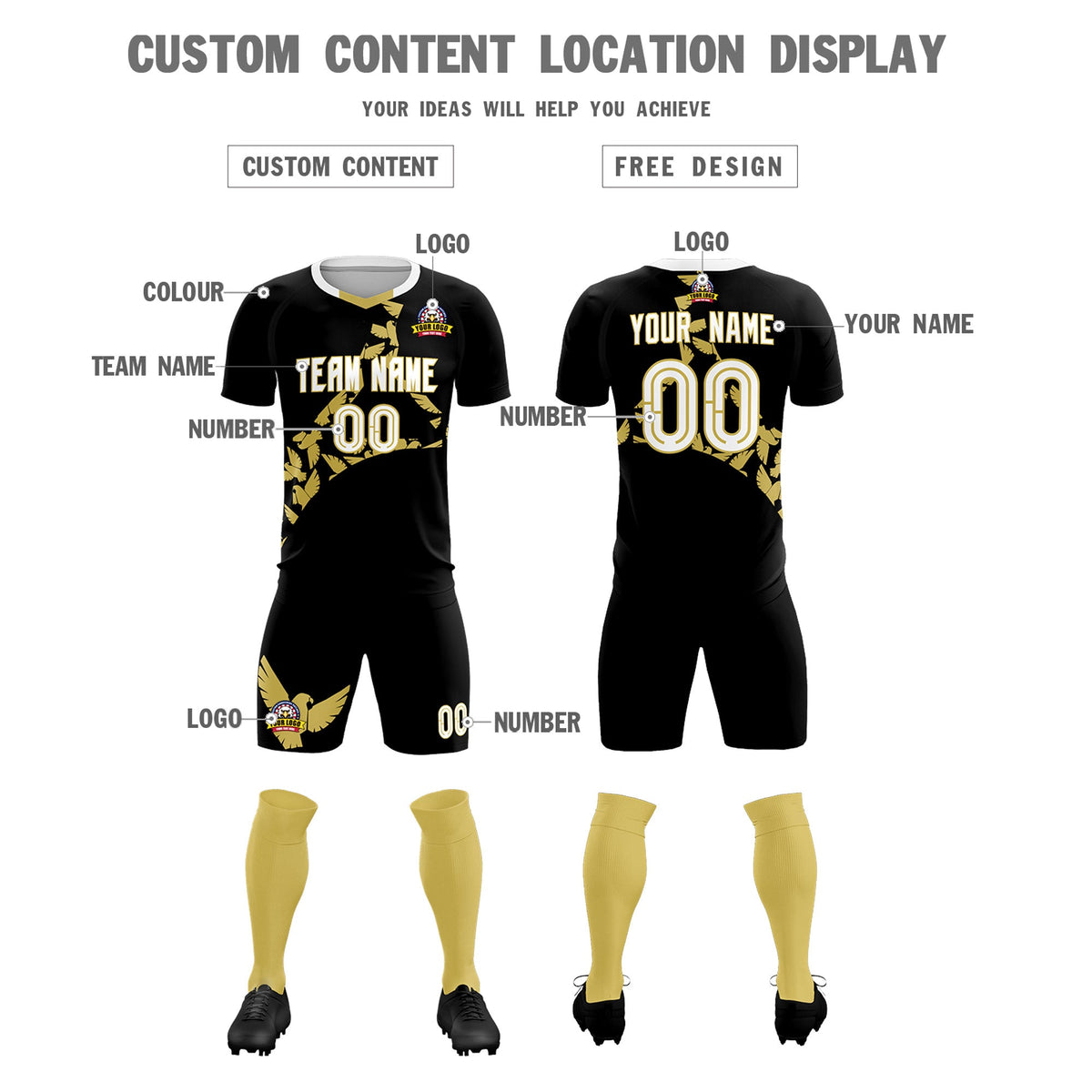 Custom Black Old Gold Mexico Eagle World Cup Inspired Quick-Drying Graffiti Pattern Soccer Sets Jersey
