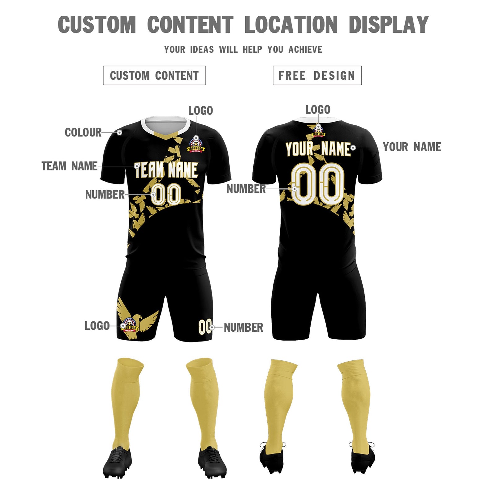 Custom Black Old Gold Mexico Eagle World Cup Inspired Quick-Drying Graffiti Pattern Soccer Sets Jersey