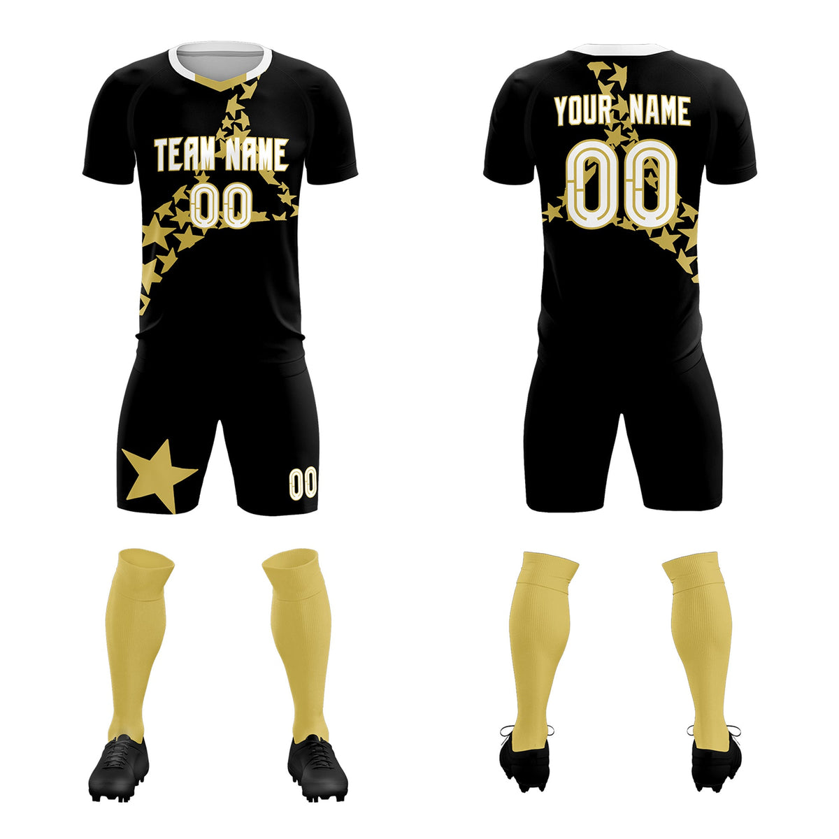 Custom Black Old Gold America Star World Cup Inspired Lightweight Graffiti Pattern Soccer Sets Jersey