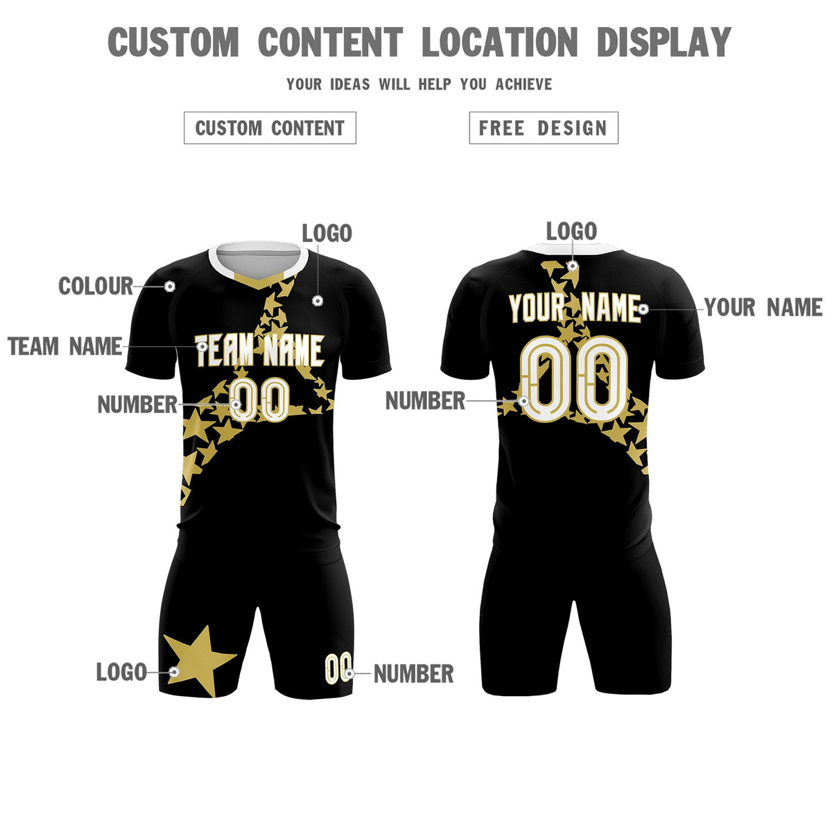 Custom Black Old Gold America Star World Cup Inspired Lightweight Graffiti Pattern Soccer Sets Jersey