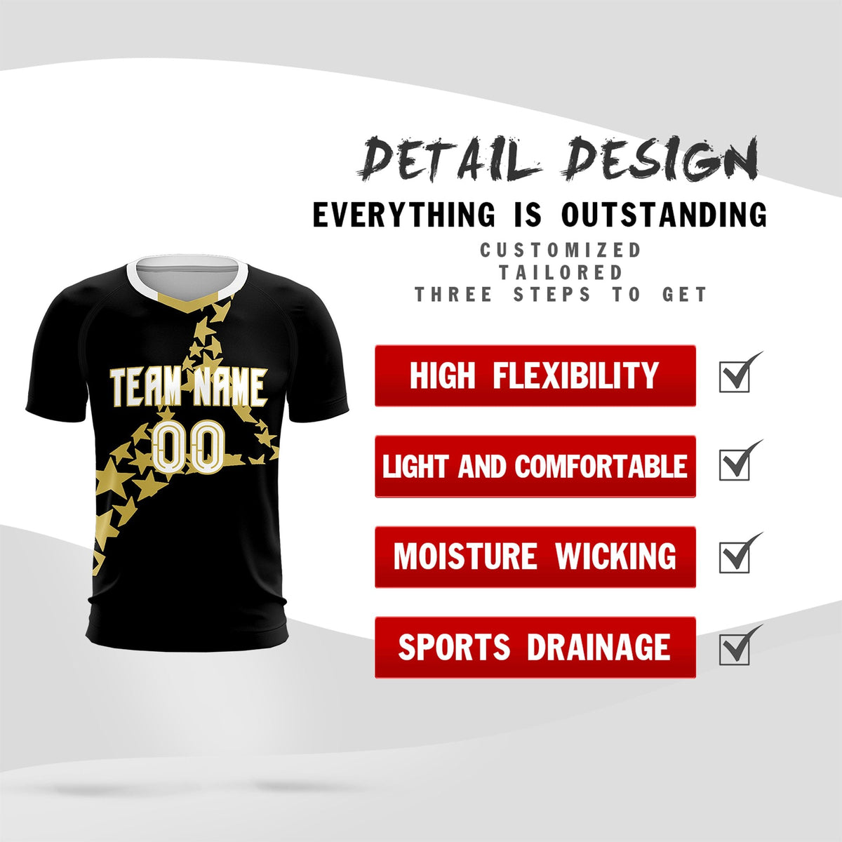 Custom Black Old Gold America Star World Cup Inspired Lightweight Graffiti Pattern Soccer Sets Jersey