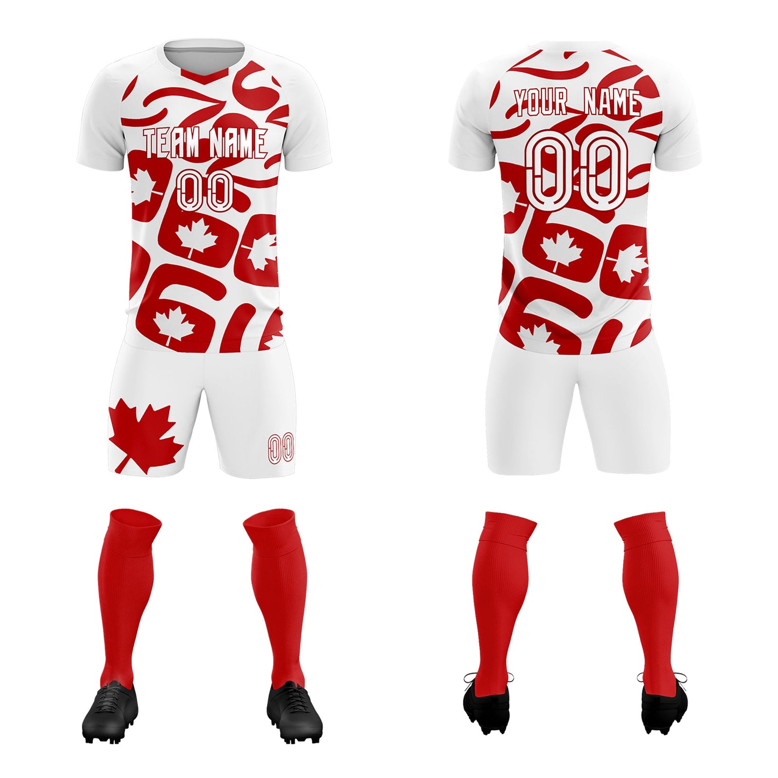 Custom White Canada Maple Leaves World Cup Inspired Drapable Graffiti Pattern Soccer Sets Jersey