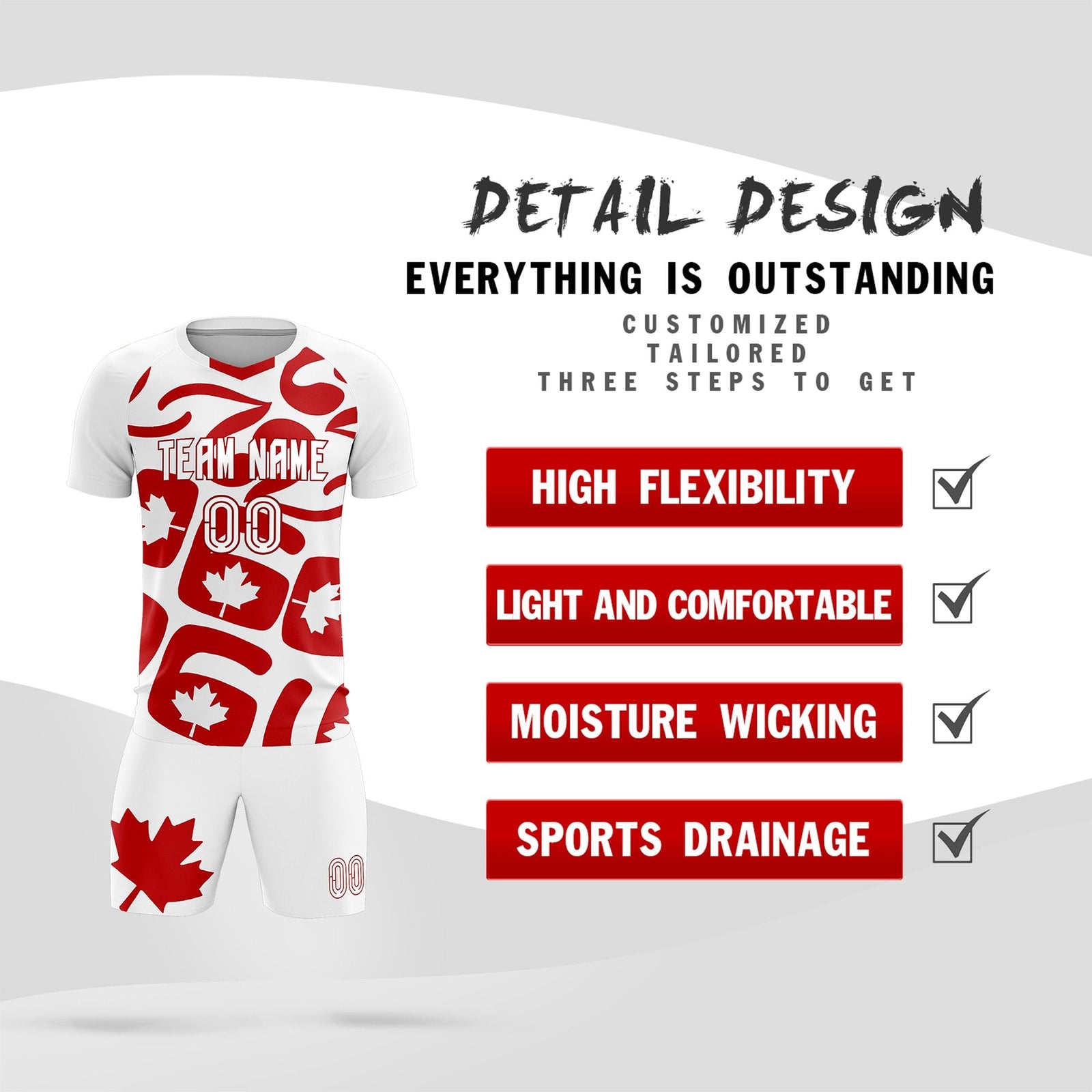 Custom White Canada Maple Leaves World Cup Inspired Drapable Graffiti Pattern Soccer Sets Jersey