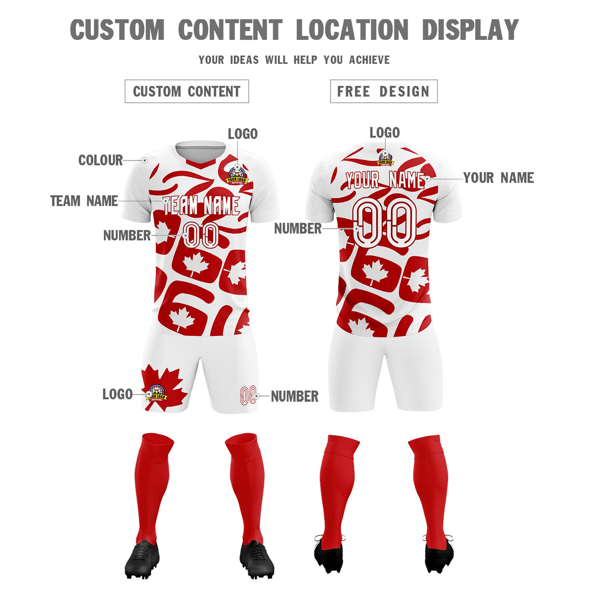 Custom White Canada Maple Leaves World Cup Inspired Drapable Graffiti Pattern Soccer Sets Jersey