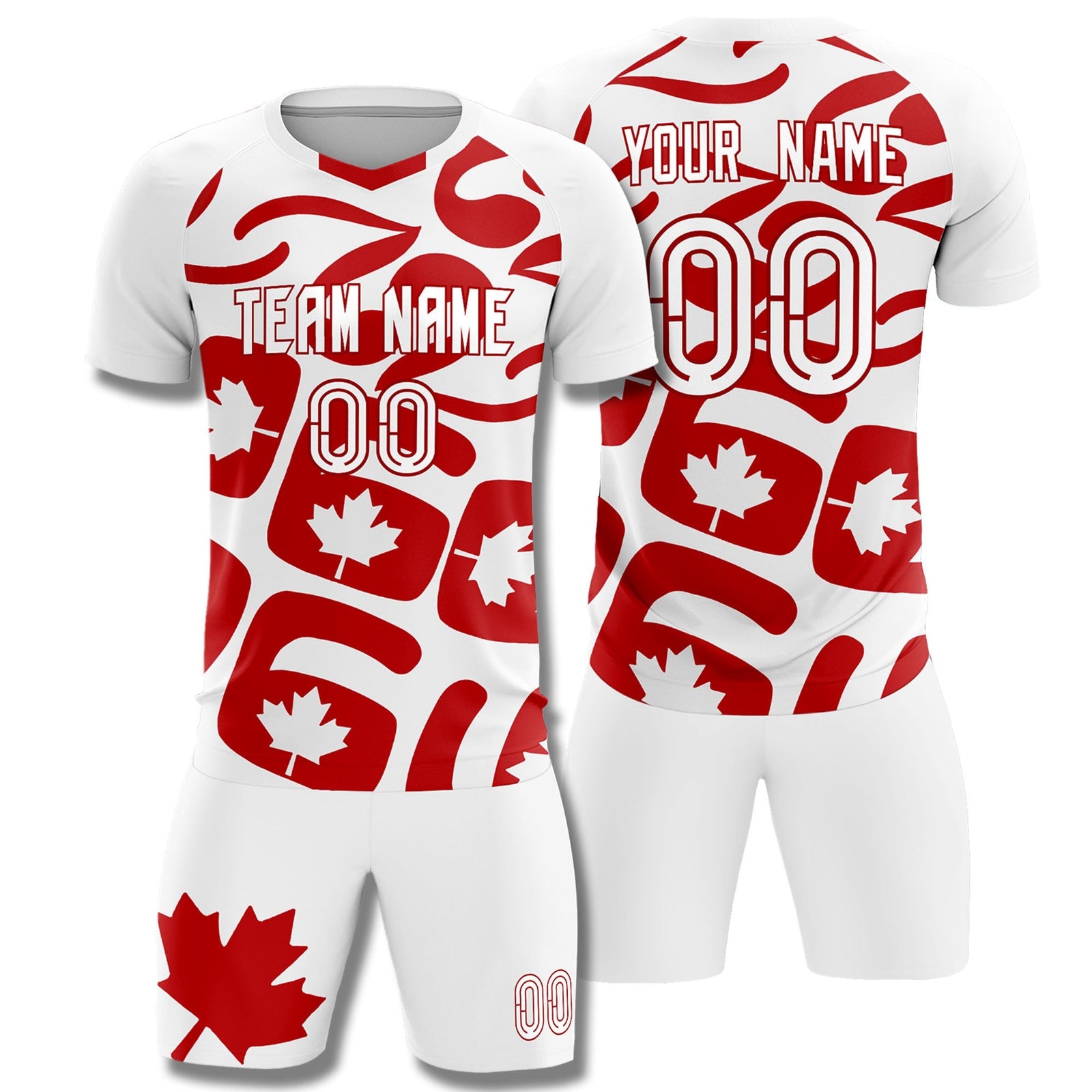 Custom White Canada Maple Leaves World Cup Inspired Drapable Graffiti Pattern Soccer Sets Jersey