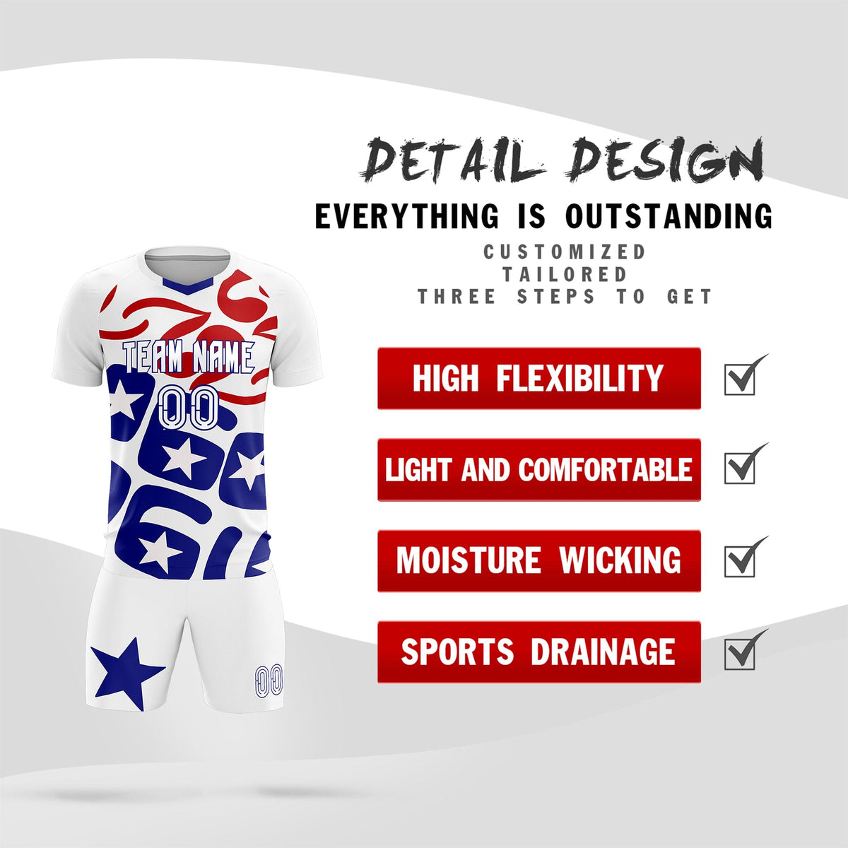 Custom White America Star World Cup Inspired Quick-Drying Graffiti Pattern Soccer Sets Jersey