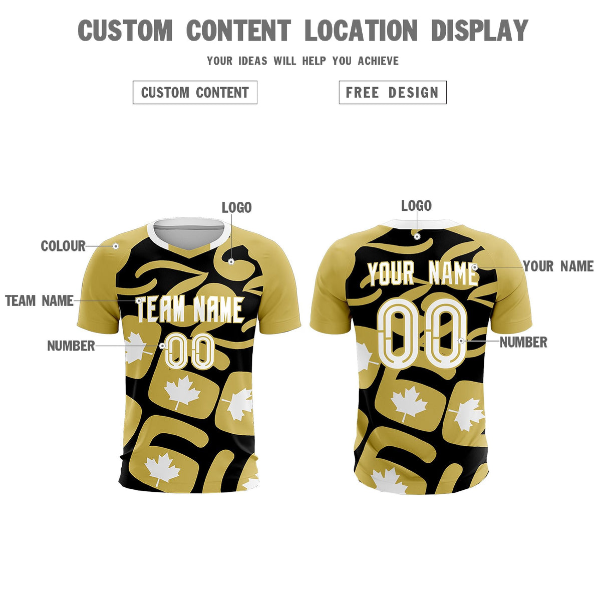 Custom Old Gold Black Canada Maple Leaves World Cup Inspired Drapable Graffiti Pattern Soccer Sets Jersey