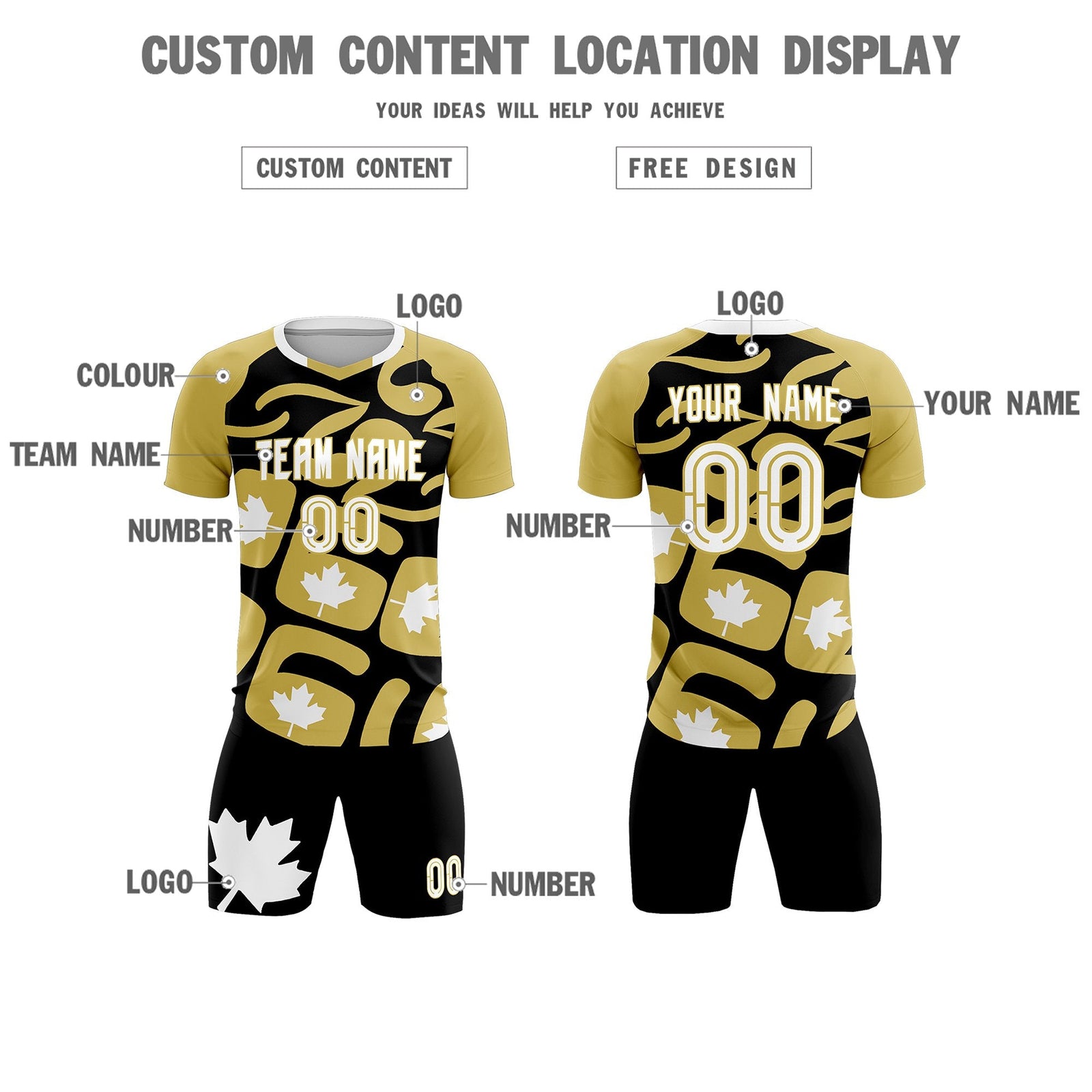 Custom Old Gold Black Canada Maple Leaves World Cup Inspired Drapable Graffiti Pattern Soccer Sets Jersey
