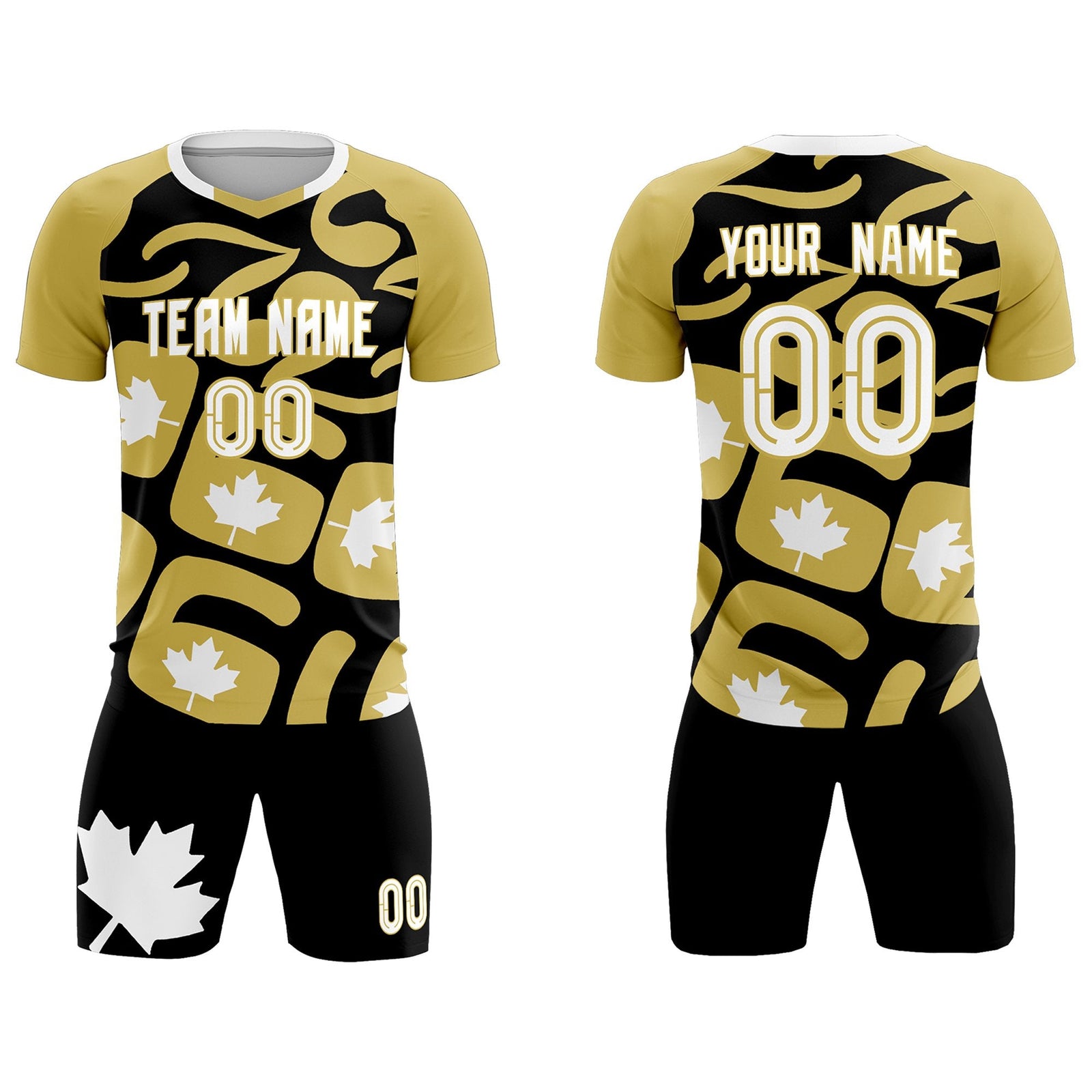 Custom Old Gold Black Canada Maple Leaves World Cup Inspired Drapable Graffiti Pattern Soccer Sets Jersey