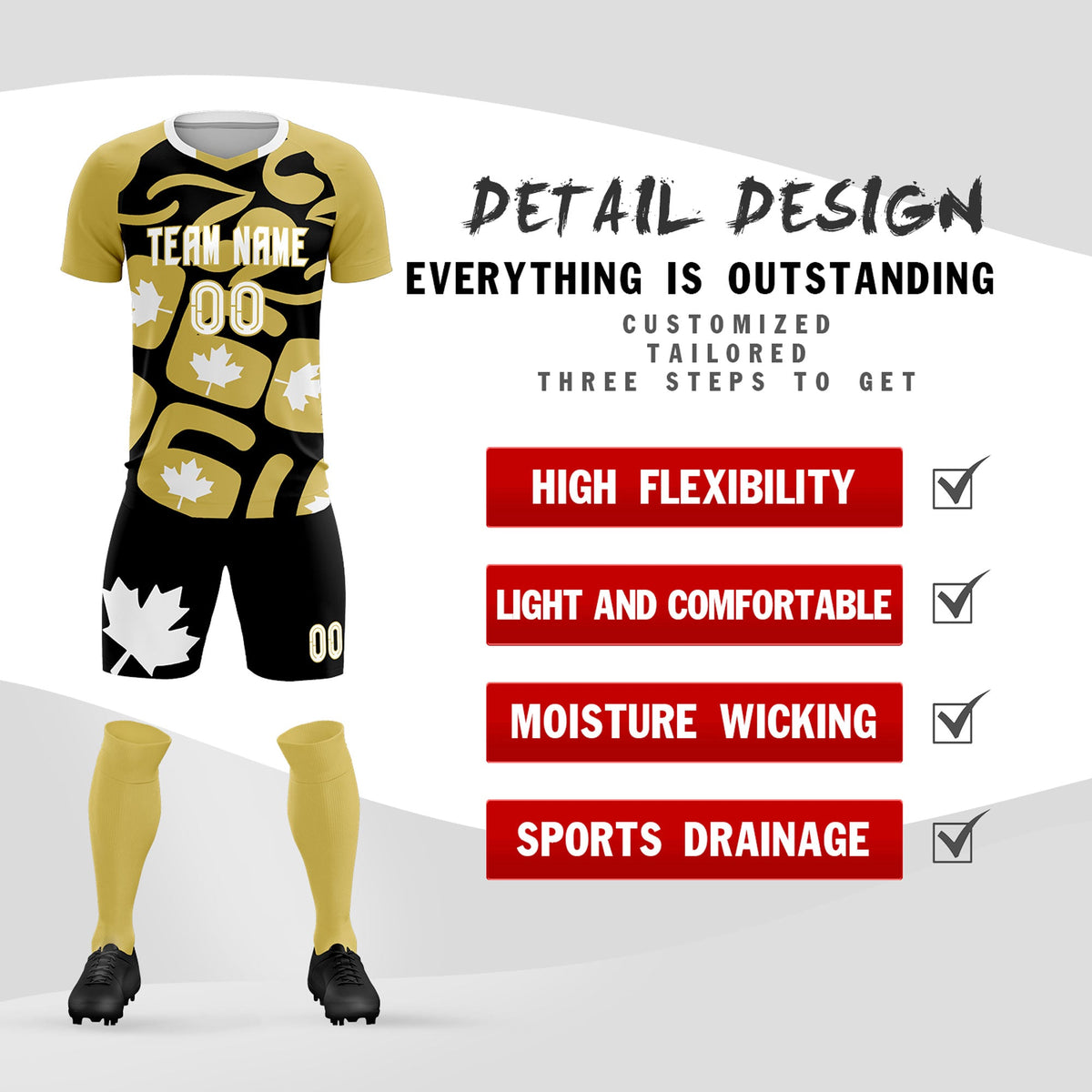 Custom Old Gold Black Canada Maple Leaves World Cup Inspired Drapable Graffiti Pattern Soccer Sets Jersey