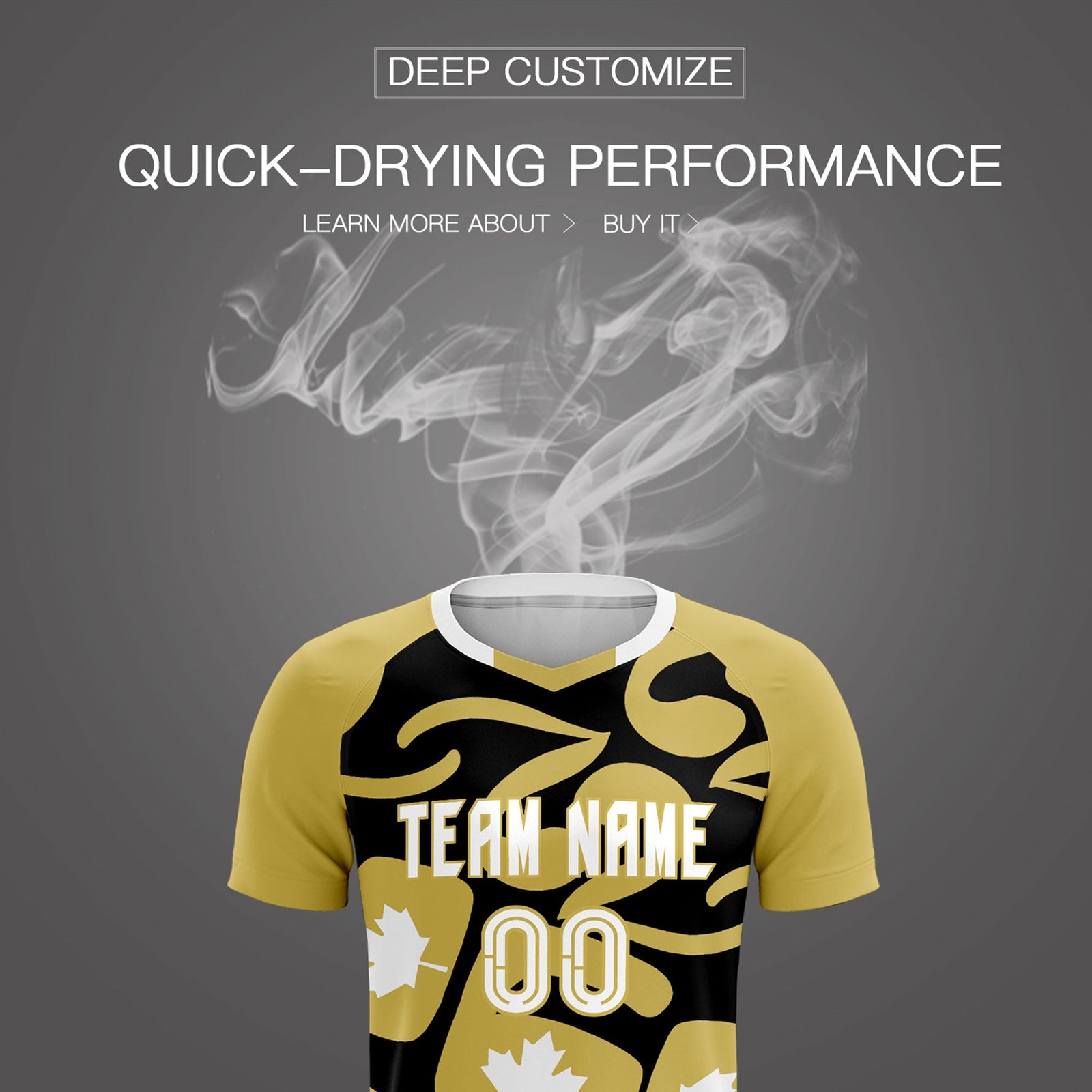 Custom Old Gold Black Canada Maple Leaves World Cup Inspired Drapable Graffiti Pattern Soccer Sets Jersey