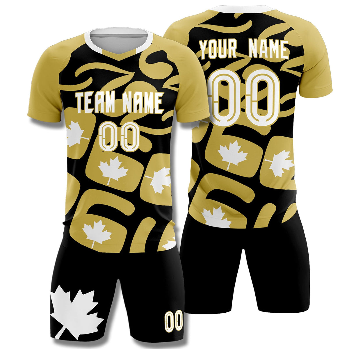 Custom Old Gold Black Canada Maple Leaves World Cup Inspired Drapable Graffiti Pattern Soccer Sets Jersey