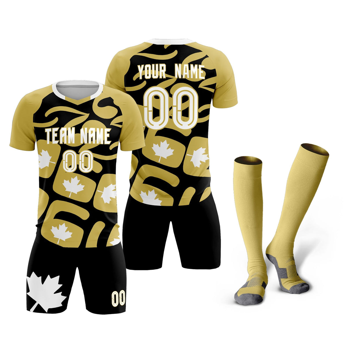 Custom Old Gold Black Canada Maple Leaves World Cup Inspired Drapable Graffiti Pattern Soccer Sets Jersey