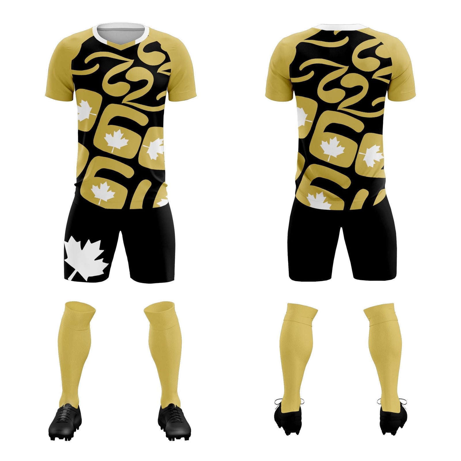 Custom Old Gold Black Canada Maple Leaves World Cup Inspired Drapable Graffiti Pattern Soccer Sets Jersey