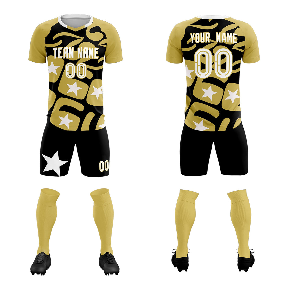 Custom Old Gold Black America Star World Cup Inspired Breathable Graffiti Pattern Soccer Sets Jersey