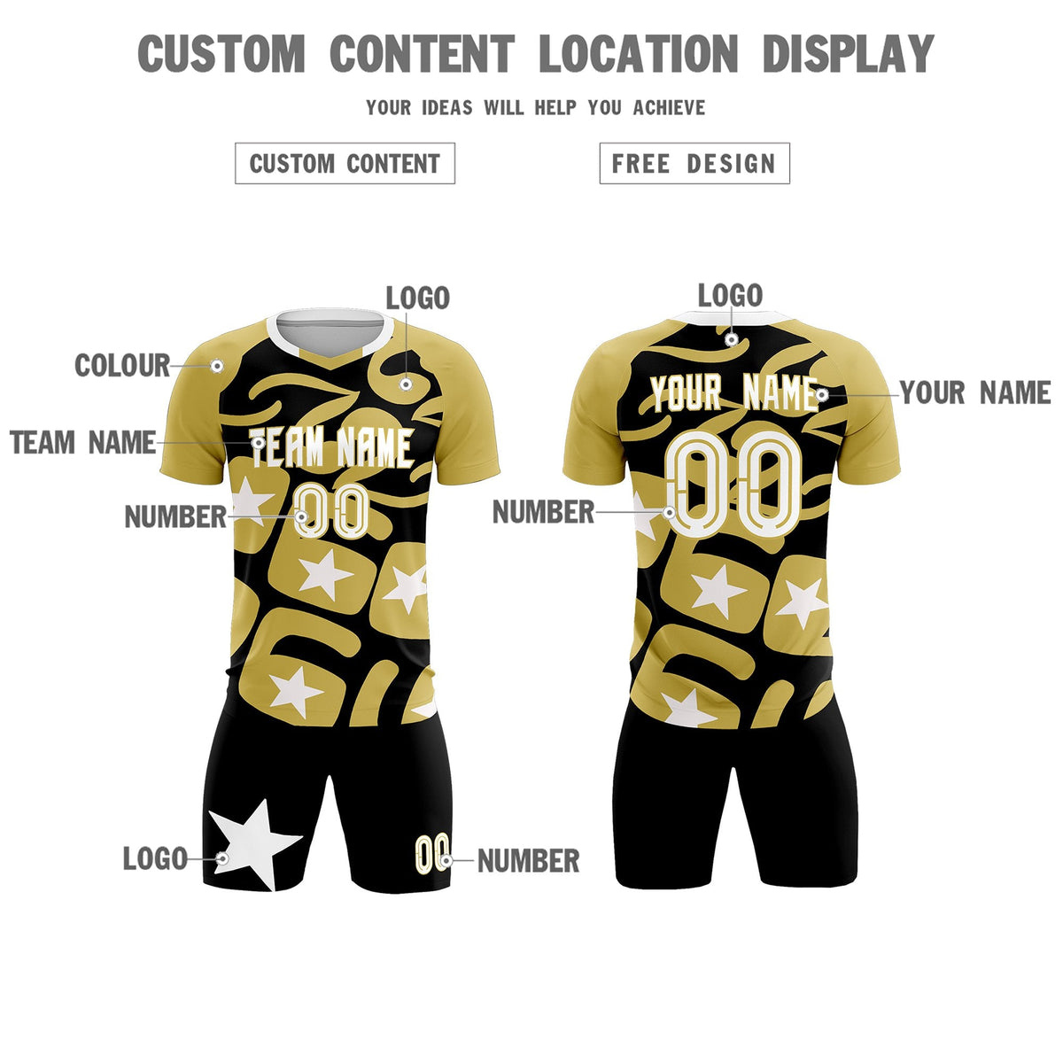 Custom Old Gold Black America Star World Cup Inspired Breathable Graffiti Pattern Soccer Sets Jersey