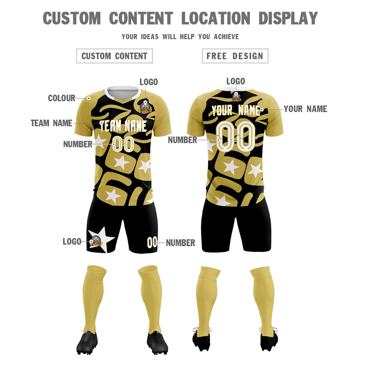 Custom Old Gold Black America Star World Cup Inspired Breathable Graffiti Pattern Soccer Sets Jersey