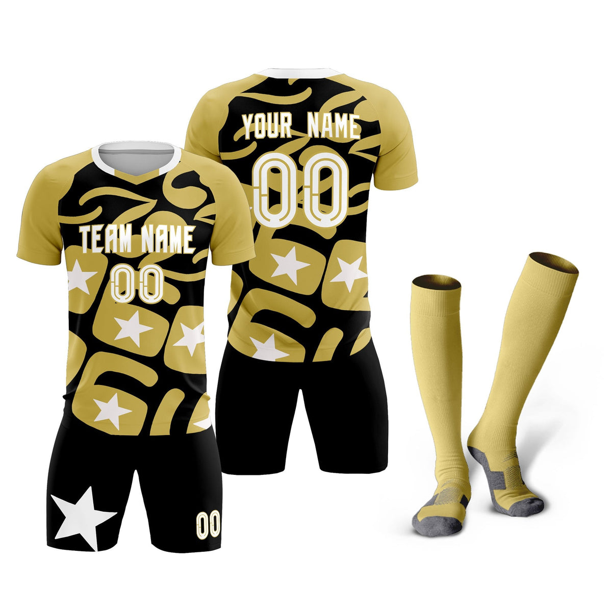 Custom Old Gold Black America Star World Cup Inspired Breathable Graffiti Pattern Soccer Sets Jersey