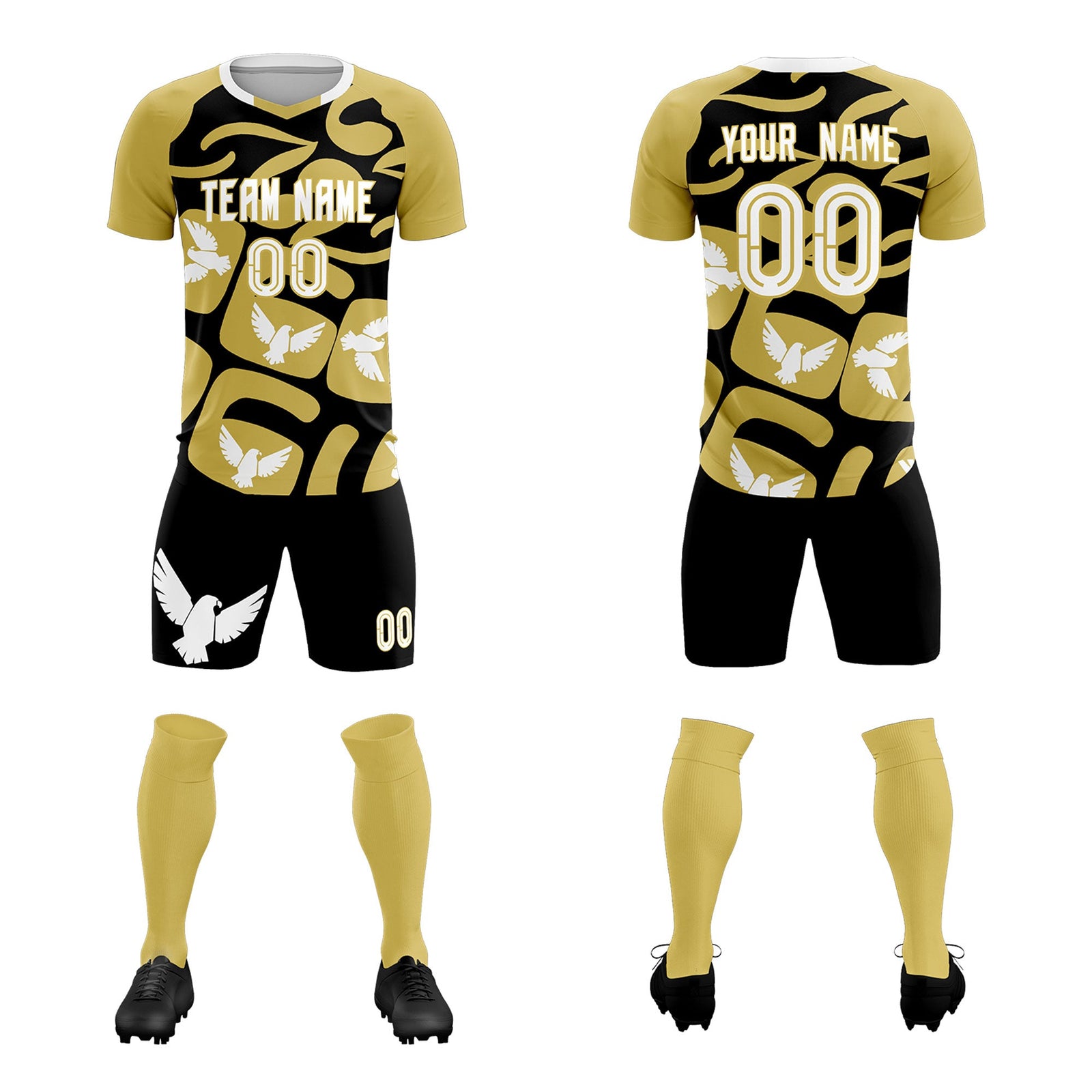 Custom Old Gold Black Mexico Eagle World Cup Inspired Quick-Drying Graffiti Pattern Soccer Sets Jersey