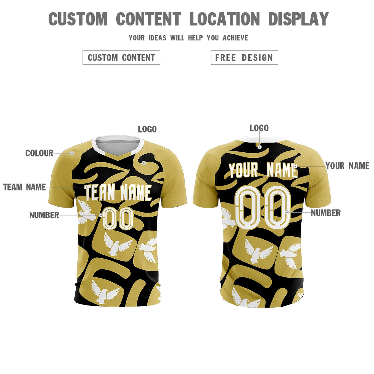 Custom Old Gold Black Mexico Eagle World Cup Inspired Quick-Drying Graffiti Pattern Soccer Sets Jersey