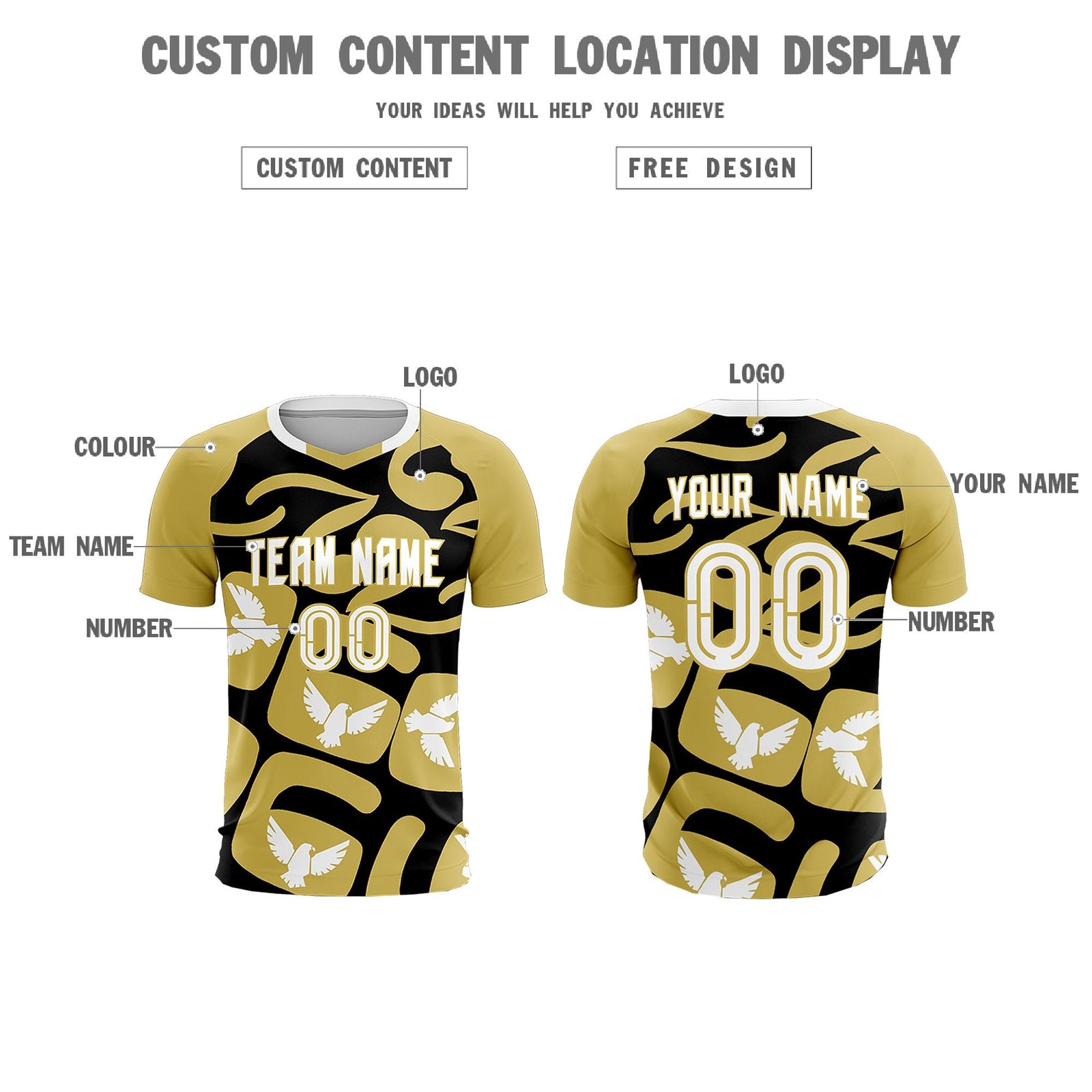 Custom Old Gold Black Mexico Eagle World Cup Inspired Quick-Drying Graffiti Pattern Soccer Sets Jersey