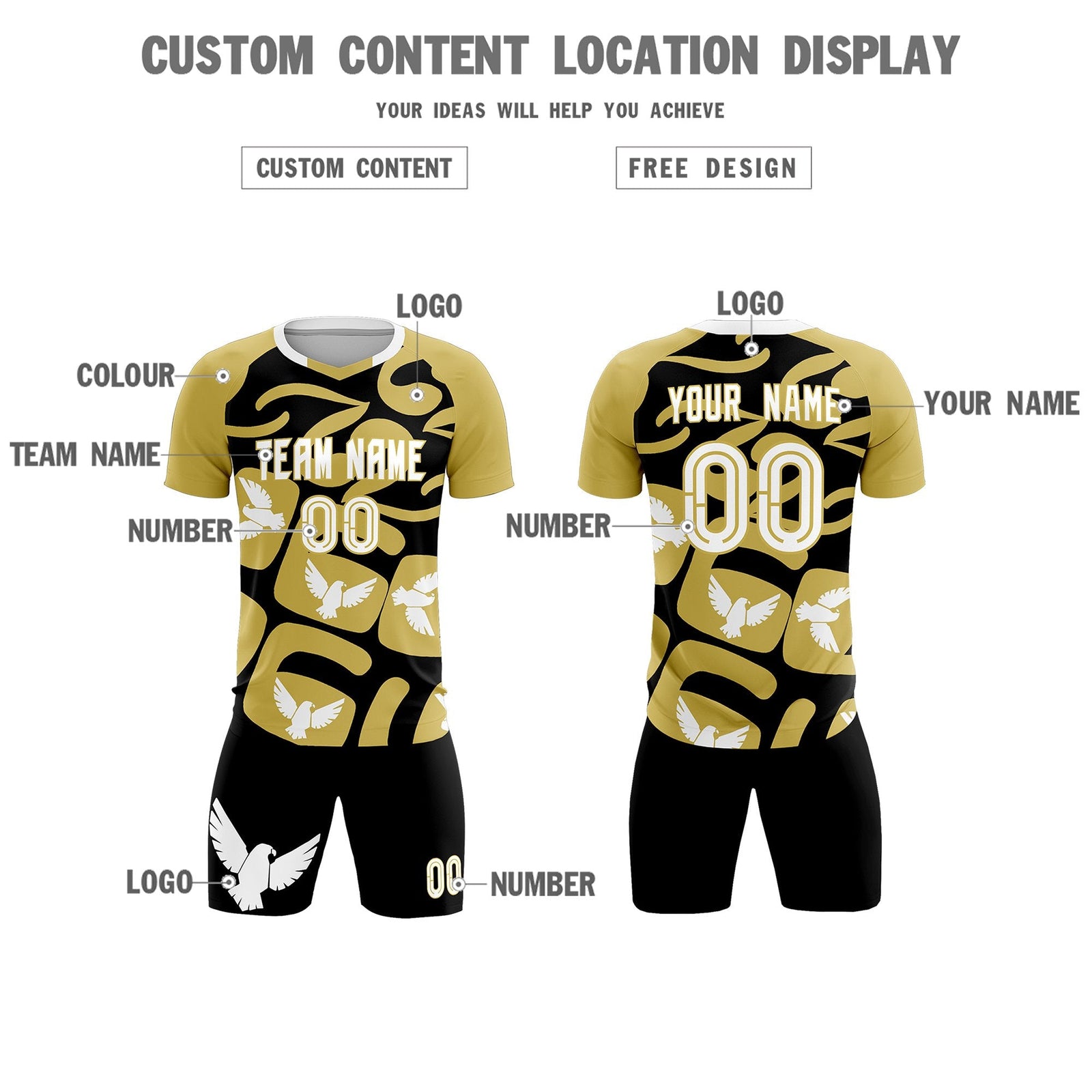 Custom Old Gold Black Mexico Eagle World Cup Inspired Quick-Drying Graffiti Pattern Soccer Sets Jersey