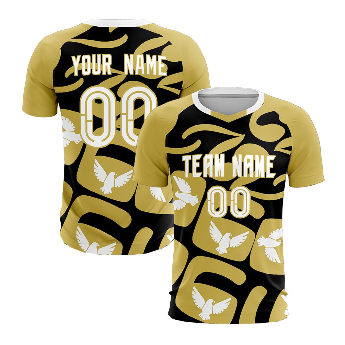 Custom Old Gold Black Mexico Eagle World Cup Inspired Quick-Drying Graffiti Pattern Soccer Sets Jersey