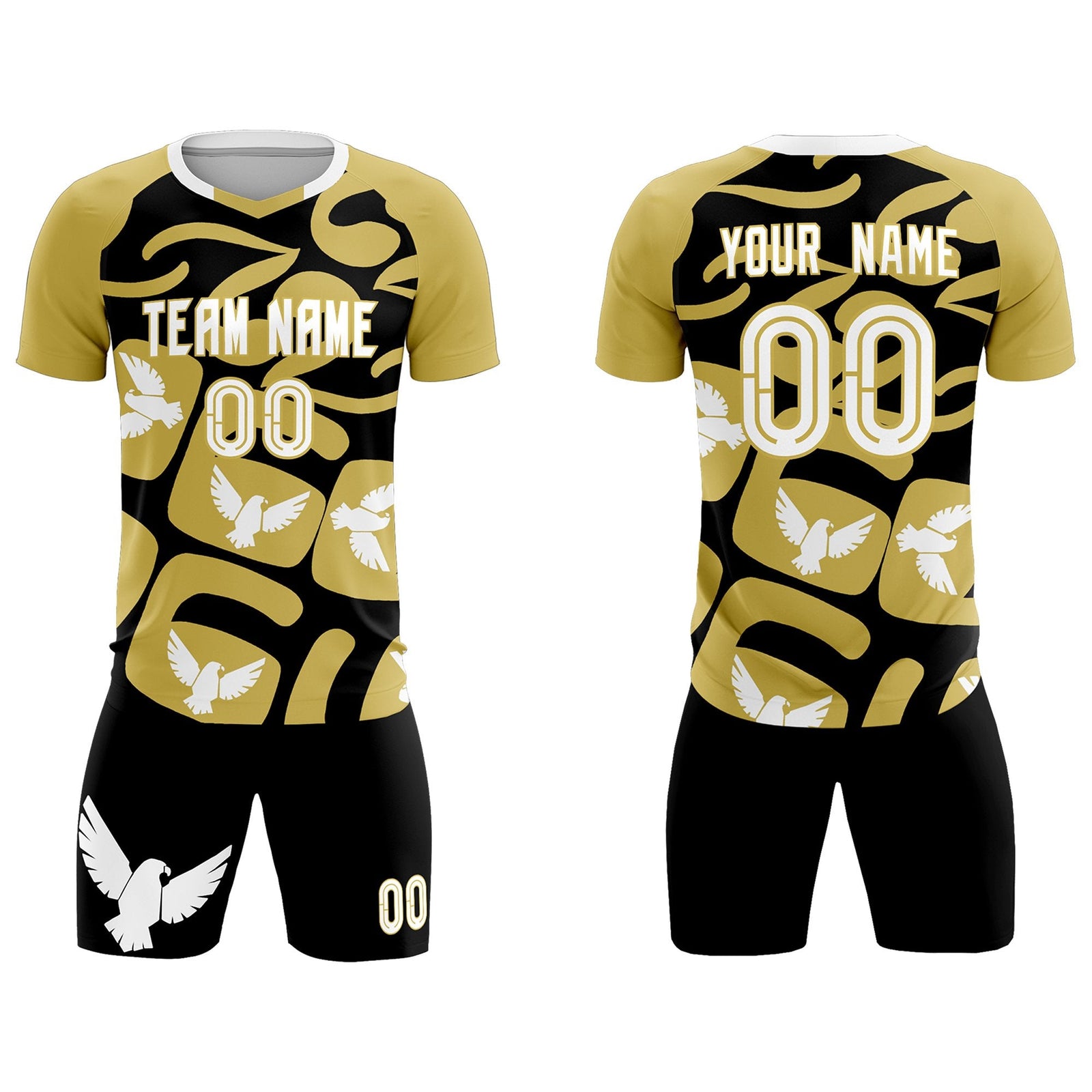 Custom Old Gold Black Mexico Eagle World Cup Inspired Quick-Drying Graffiti Pattern Soccer Sets Jersey