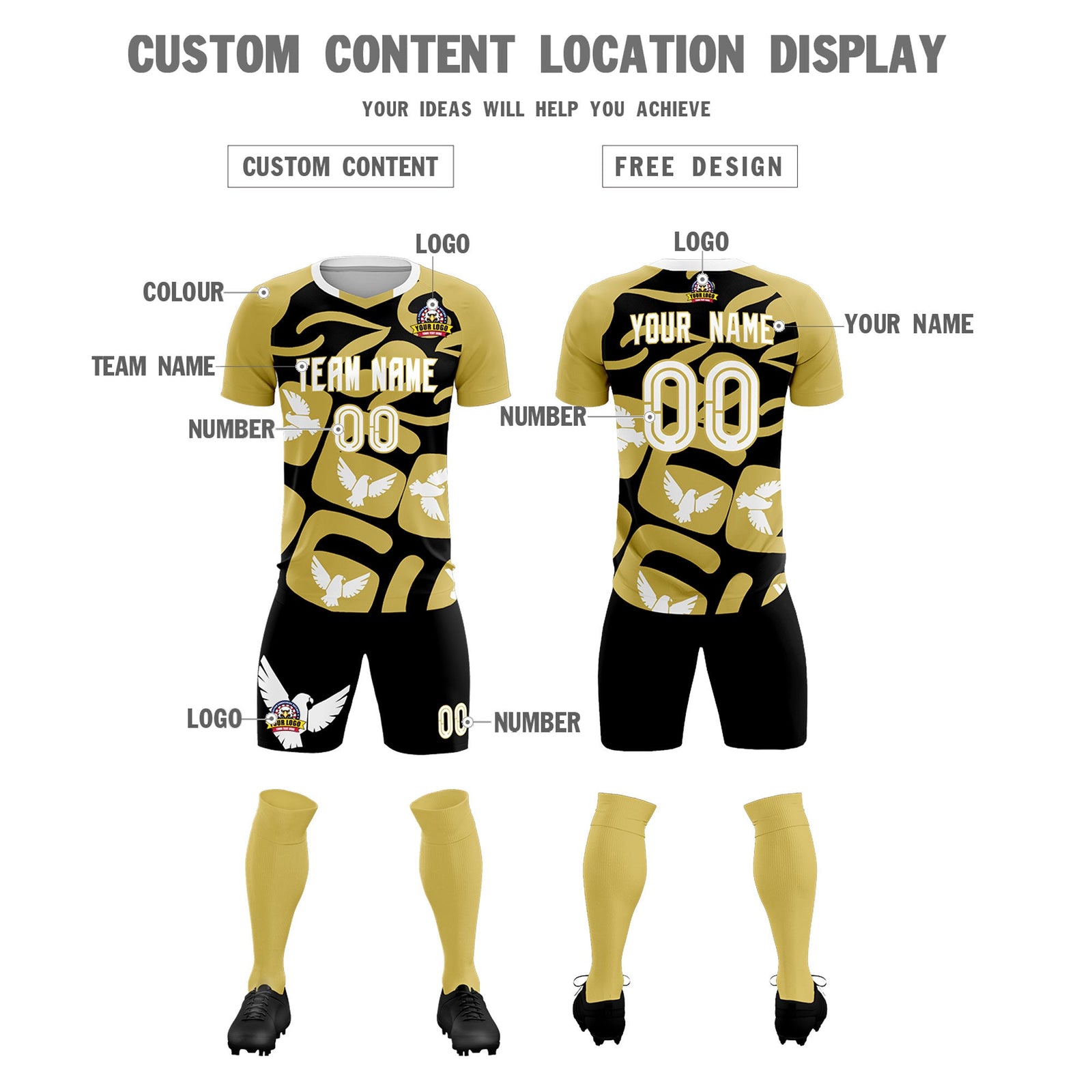 Custom Old Gold Black Mexico Eagle World Cup Inspired Quick-Drying Graffiti Pattern Soccer Sets Jersey