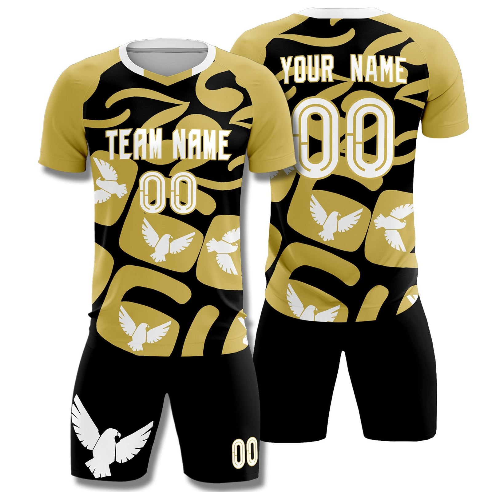 Custom Old Gold Black Mexico Eagle World Cup Inspired Quick-Drying Graffiti Pattern Soccer Sets Jersey