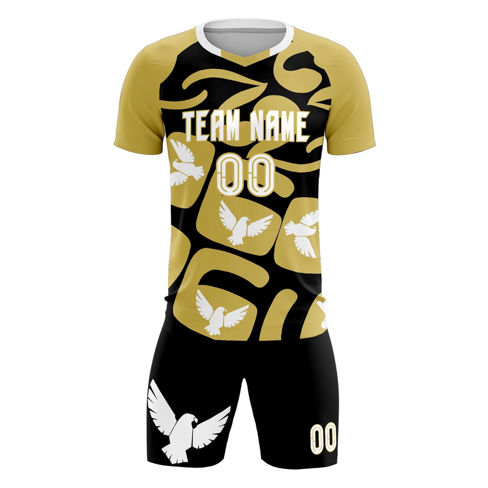 Custom Old Gold Black Mexico Eagle World Cup Inspired Quick-Drying Graffiti Pattern Soccer Sets Jersey