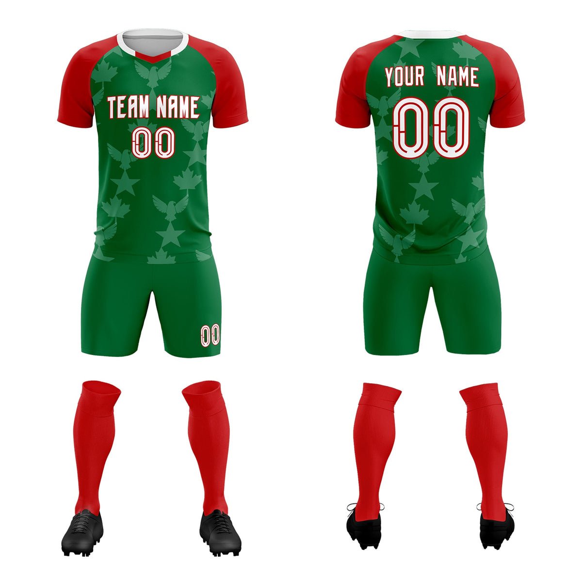 Custom Red Kelly Green World Cup Inspired Lightweight&amp;Drapable Training Uniform Raglan Sleeve Soccer Sets Jersey