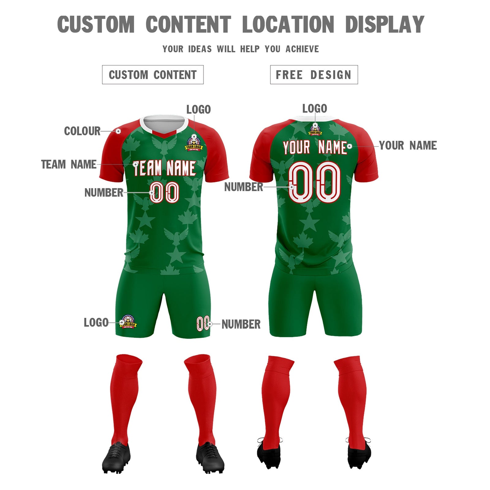 Custom Red Kelly Green World Cup Inspired Lightweight&Drapable Training Uniform Raglan Sleeve Soccer Sets Jersey