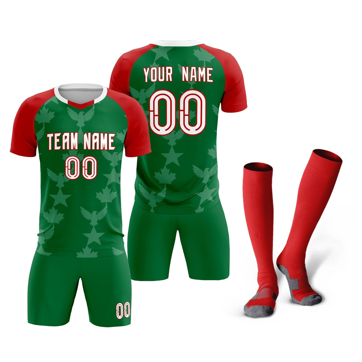 Custom Red Kelly Green World Cup Inspired Lightweight&amp;Drapable Training Uniform Raglan Sleeve Soccer Sets Jersey