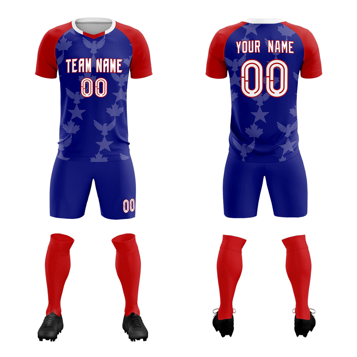 Custom Red Royal World Cup Inspired Wrinkle-Resistant Training Uniform Raglan Sleeve Soccer Sets Jersey