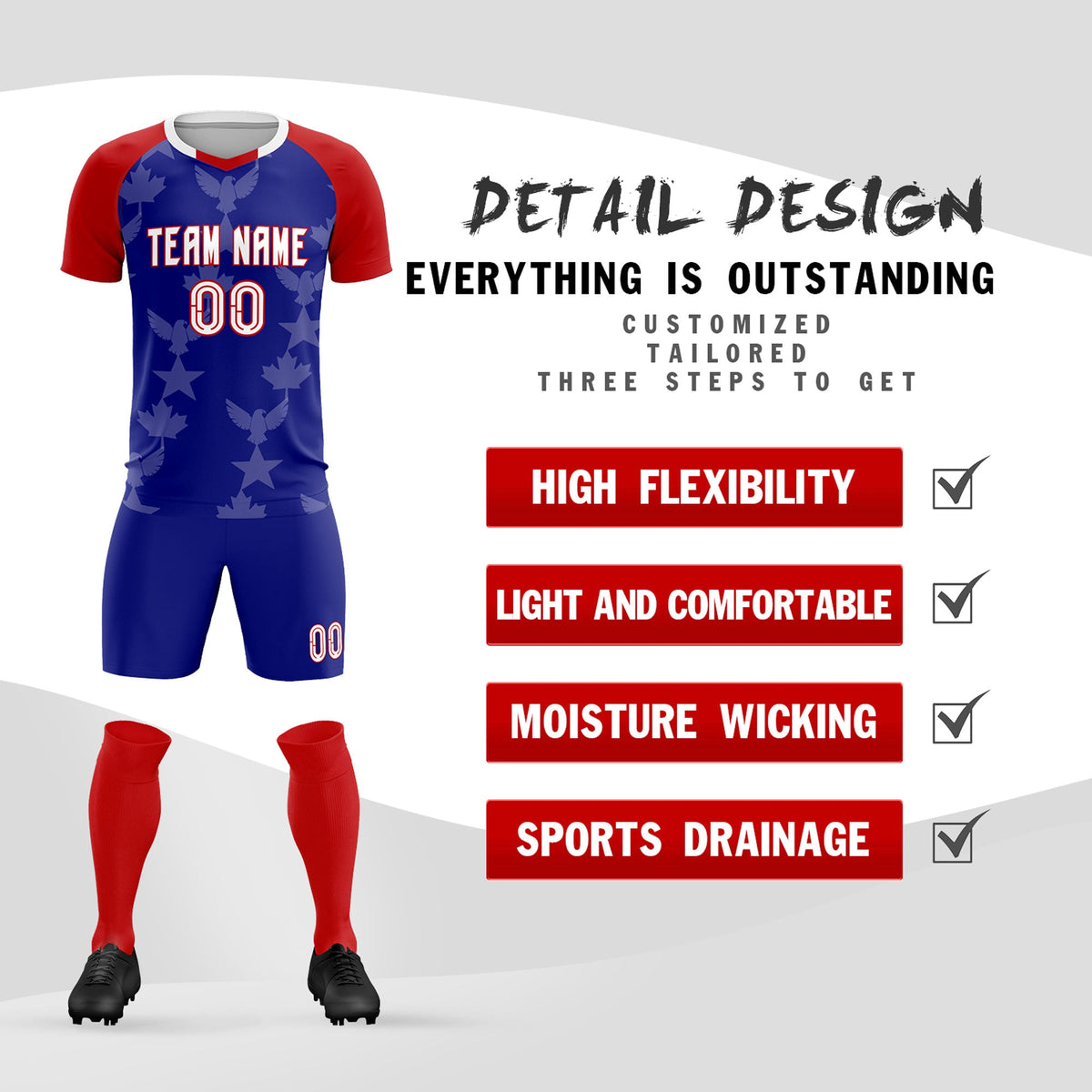 Custom Red Royal World Cup Inspired Wrinkle-Resistant Training Uniform Raglan Sleeve Soccer Sets Jersey