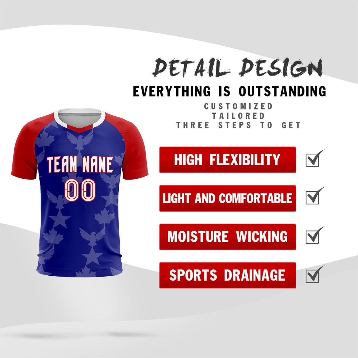 Custom Red Royal World Cup Inspired Wrinkle-Resistant Training Uniform Raglan Sleeve Soccer Sets Jersey