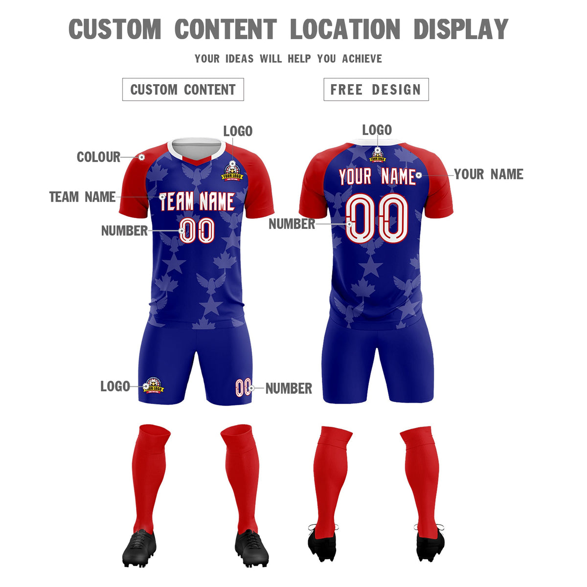 Custom Red Royal World Cup Inspired Wrinkle-Resistant Training Uniform Raglan Sleeve Soccer Sets Jersey