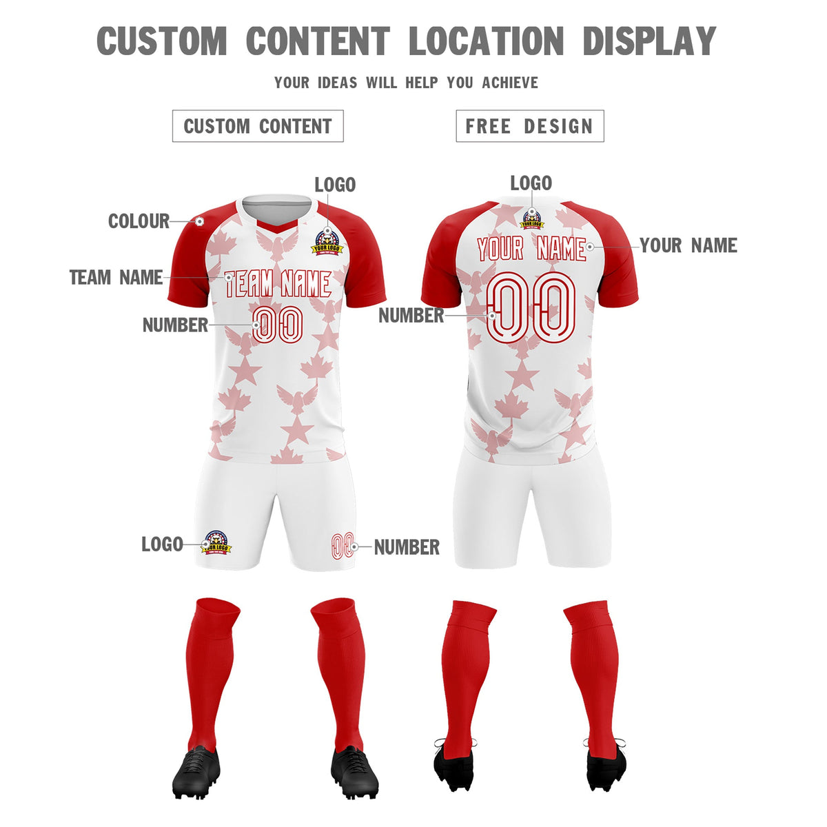 Custom Red White World Cup Inspired Breathable&amp;Quick-Drying Training Uniform Raglan Sleeve Soccer Sets Jersey