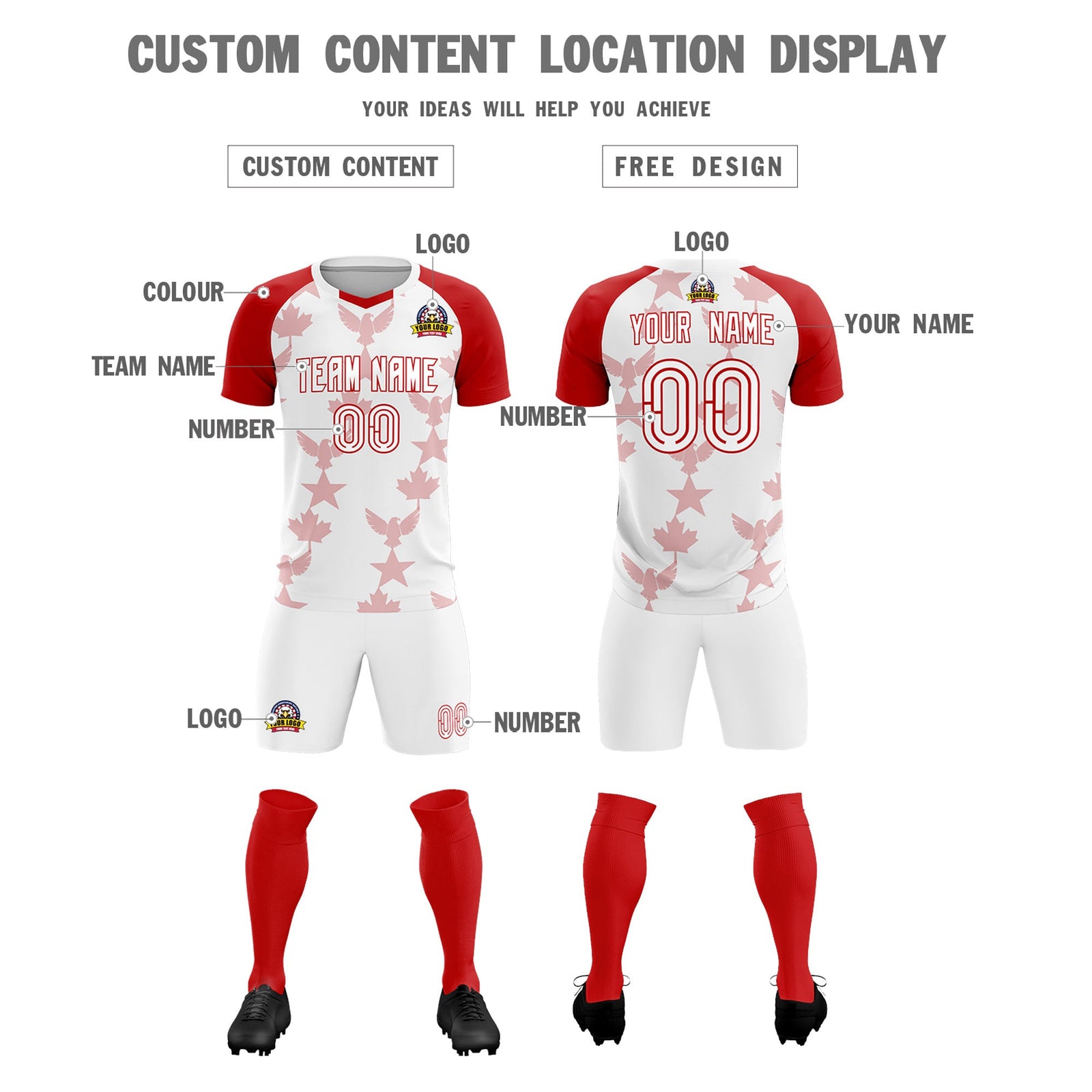 Custom Red White World Cup Inspired Breathable&Quick-Drying Training Uniform Raglan Sleeve Soccer Sets Jersey