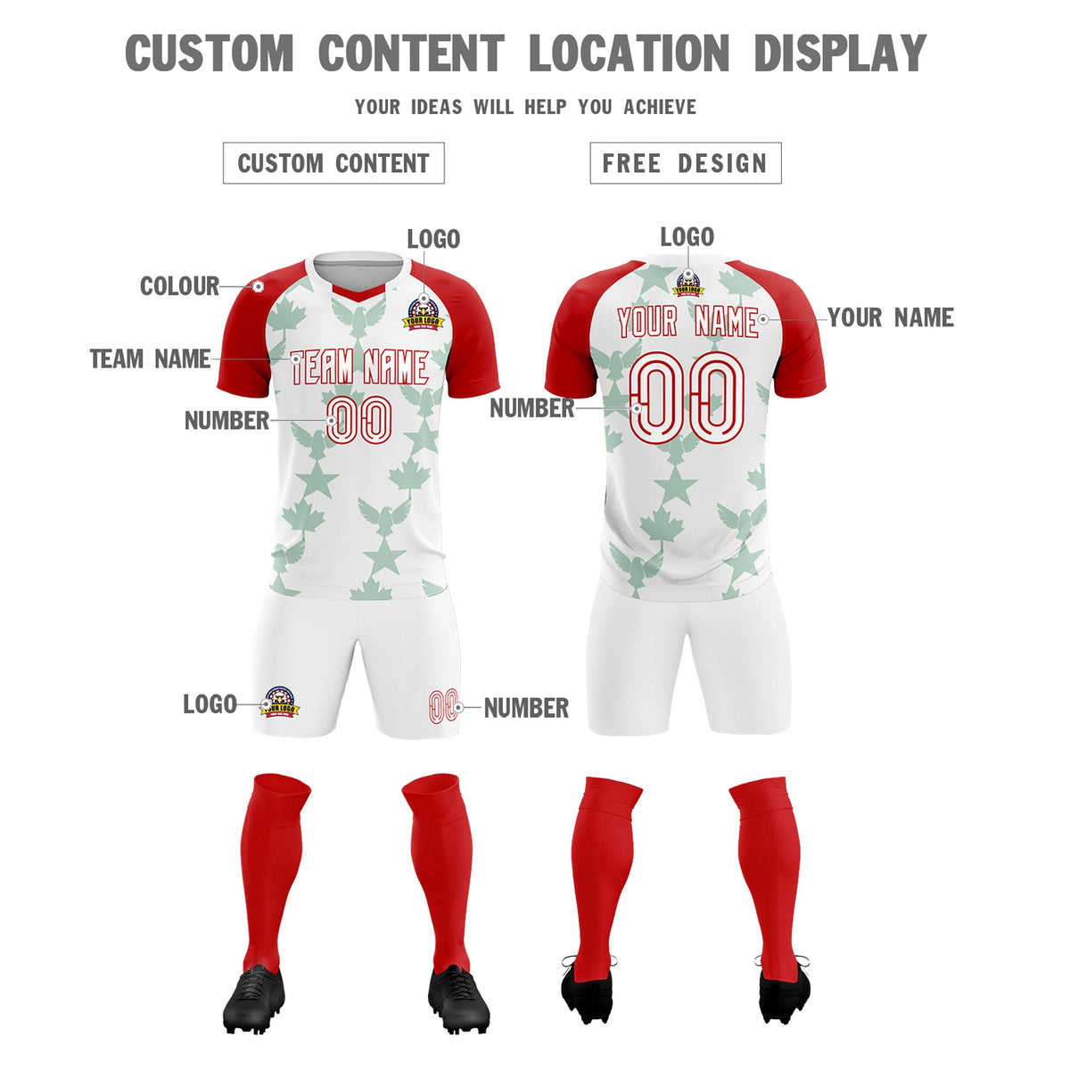 Custom Red White World Cup Inspired Lightweight&amp;Drapable Training Uniform Raglan Sleeve Soccer Sets Jersey