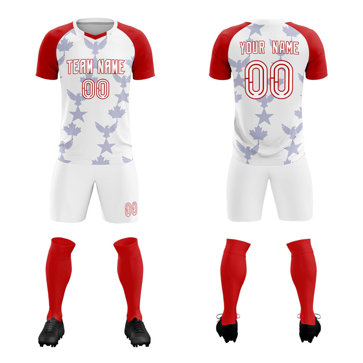 Custom Red White World Cup Inspired Wrinkle-Resistant Training Uniform Raglan Sleeve Soccer Sets Jersey