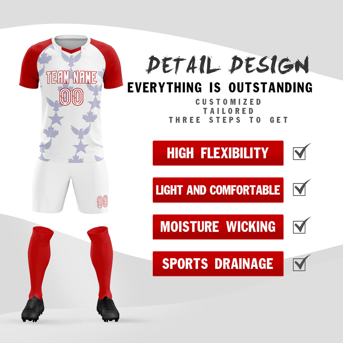 Custom Red White World Cup Inspired Wrinkle-Resistant Training Uniform Raglan Sleeve Soccer Sets Jersey