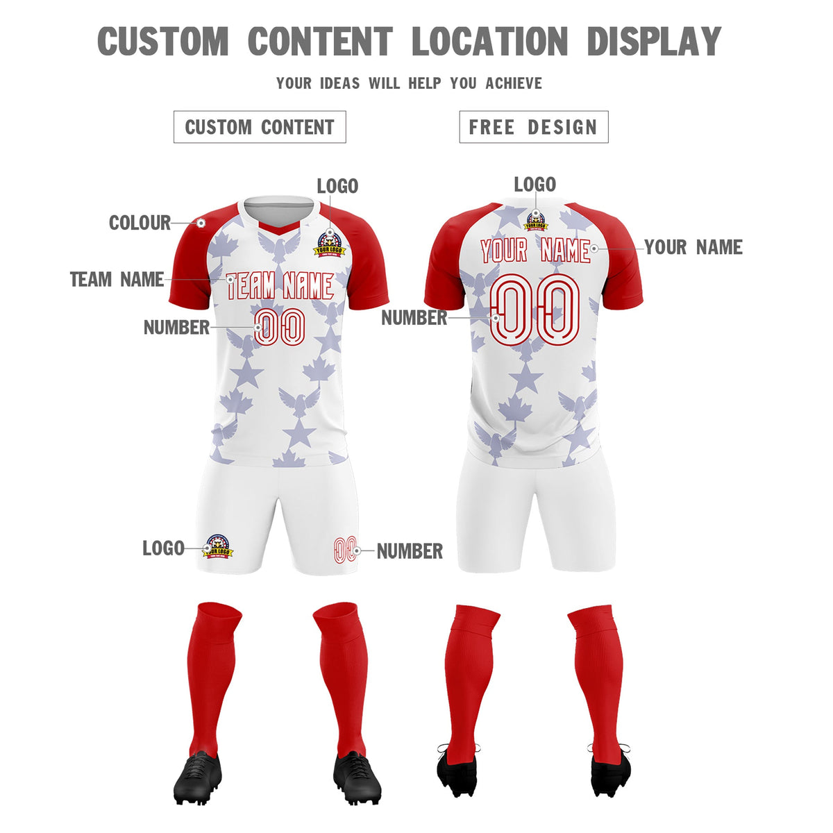 Custom Red White World Cup Inspired Wrinkle-Resistant Training Uniform Raglan Sleeve Soccer Sets Jersey