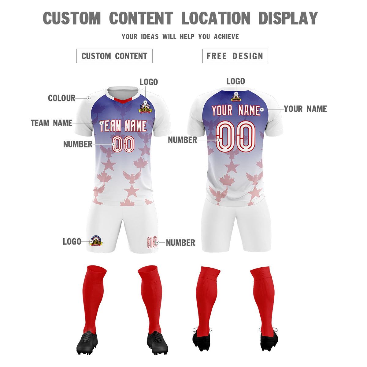 Custom White Royal World Cup Inspired Lightweight&amp;Drapable Training Uniform Gradient Fashion Soccer Sets Jersey