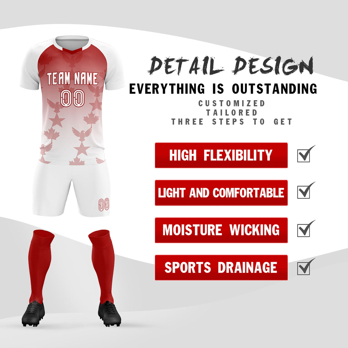 Custom White Red World Cup Inspired Wrinkle-Resistant Training Uniform Gradient Fashion Soccer Sets Jersey