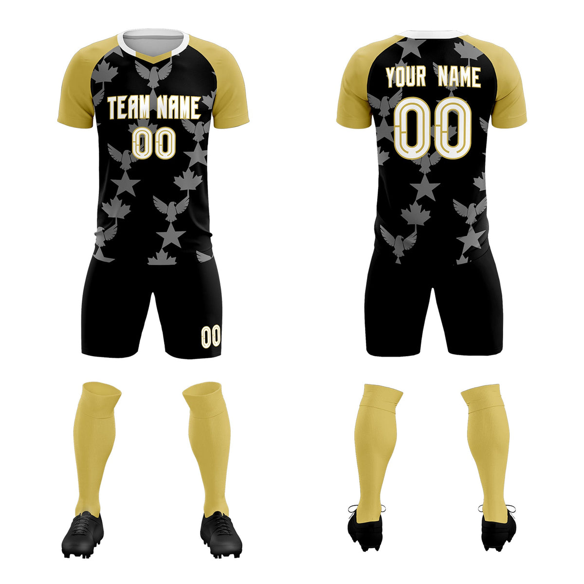 Custom Old Gold Black World Cup Inspired Breathable&amp;Quick-Drying Training Uniform Raglan Sleeve Soccer Sets Jersey